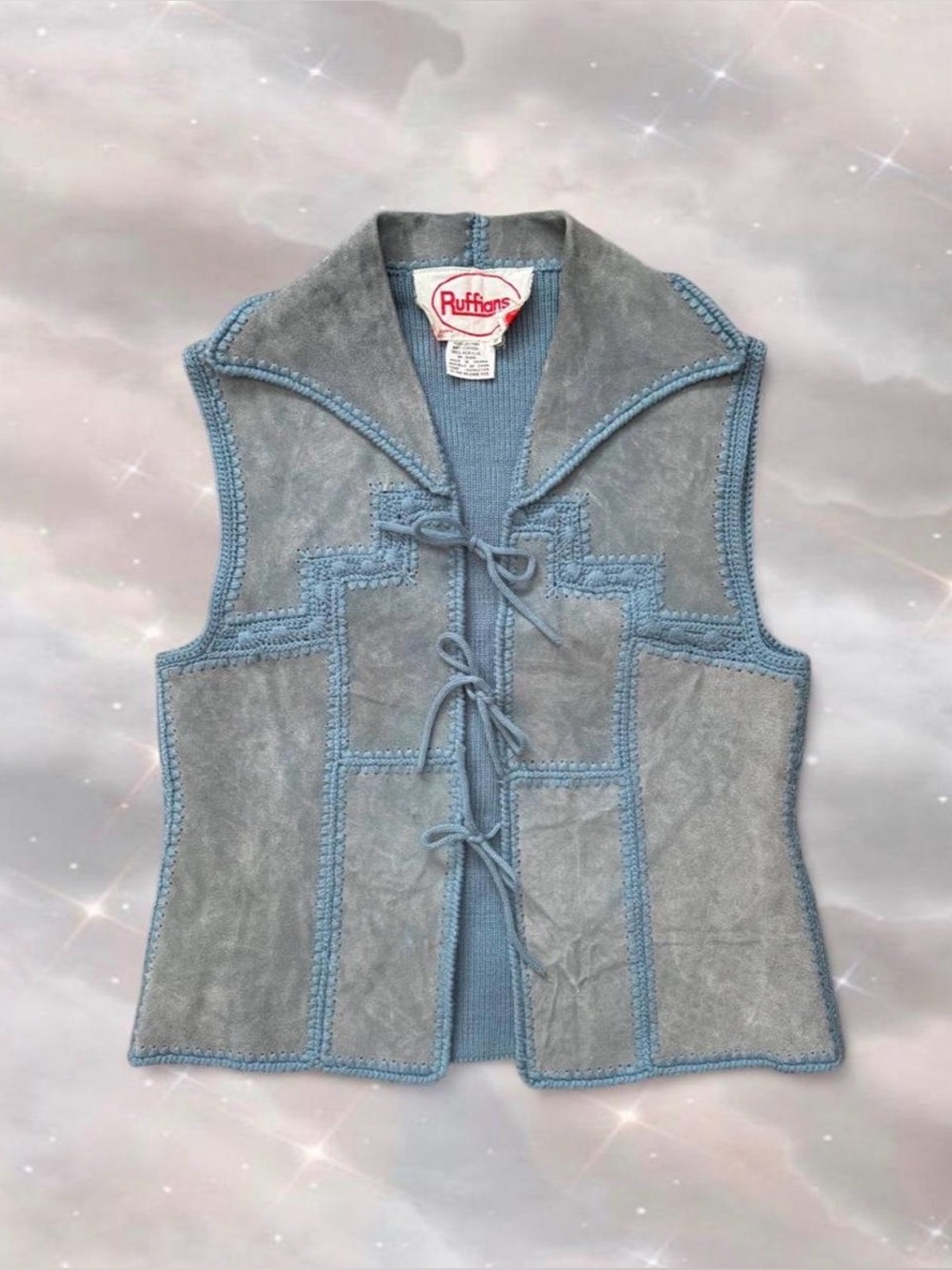 Vintage 70s Blue Leather Vest Ruffians Knit Back Front Ties Hippie Boho Western